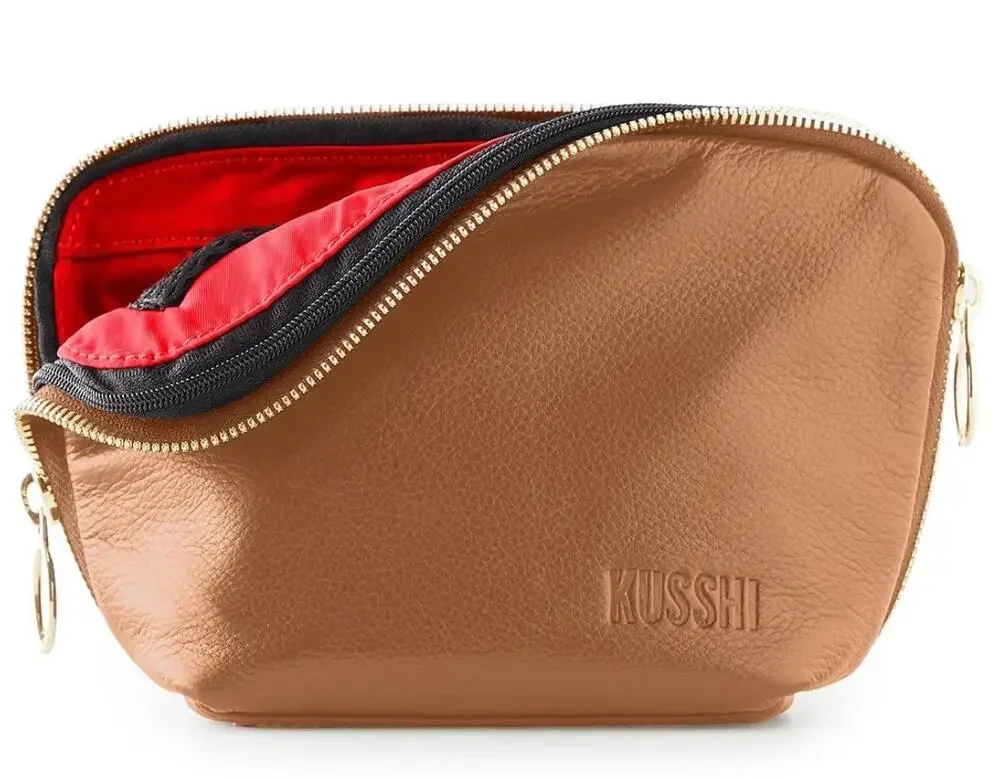 Kusshi Everyday Leather Makeup Bag in Camel Red Leather